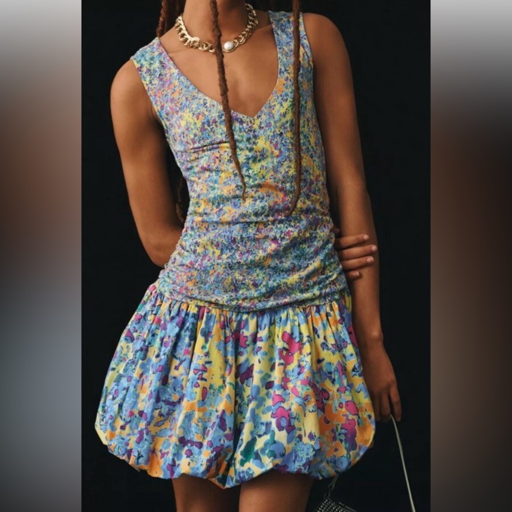 Anthropologie Plenty Tracy Reese V-Neck Bubble Dress Blue Motif Size XL